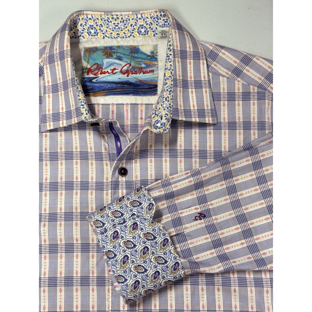 Robert Graham Shirt Men's XL Classic Fit Contrast Cuffs Geometric Purple